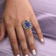 Beautiful Tanzanite & Multiple Emerald Natural Gemstones with Diamonds Around Oval Shape